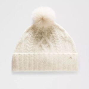 NWT Alpaca Wool-Blend Cable-Knit Pom Beanie Women's OS light ivory cream